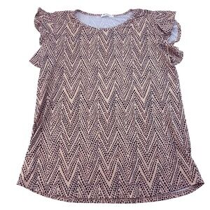 BOMBOM Womens‎ Tan Black Dotted Chevron Flutter Sleeve Top Blouse Made in USA